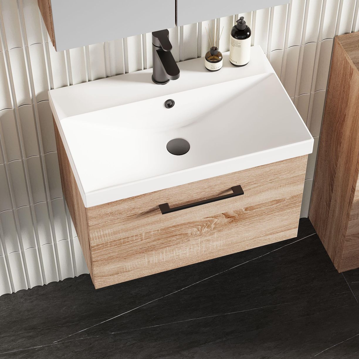 600mm WH 1-Drawer Vanity & Basin 3 - Bleached Cuneo Oak