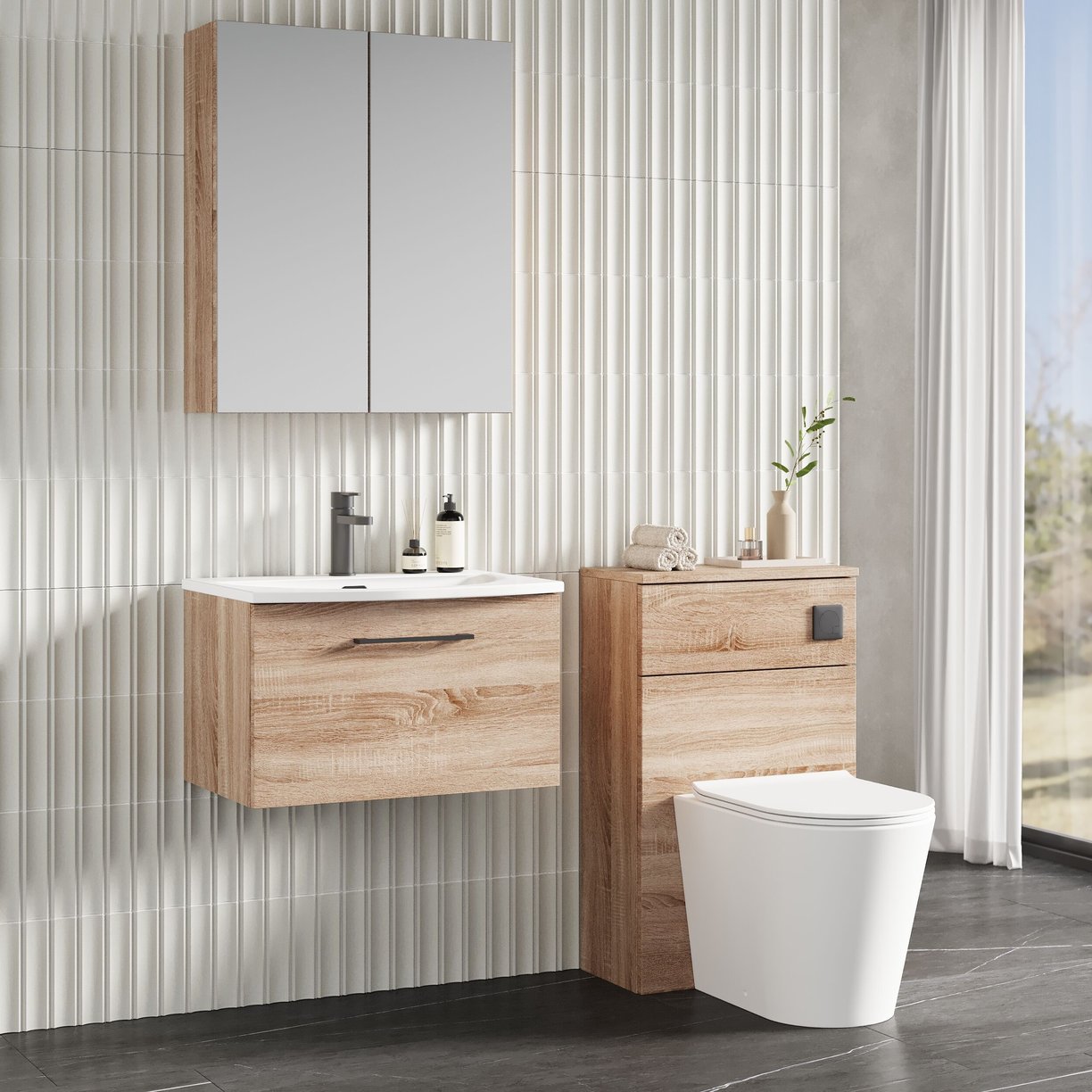 600mm WH 1-Drawer Vanity & Basin 4 - Bleached Cuneo Oak