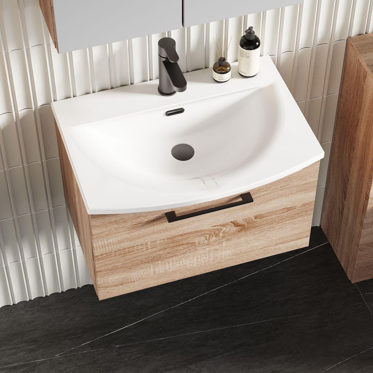 600mm WH 1-Drawer Vanity & Basin 4 - Bleached Cuneo Oak