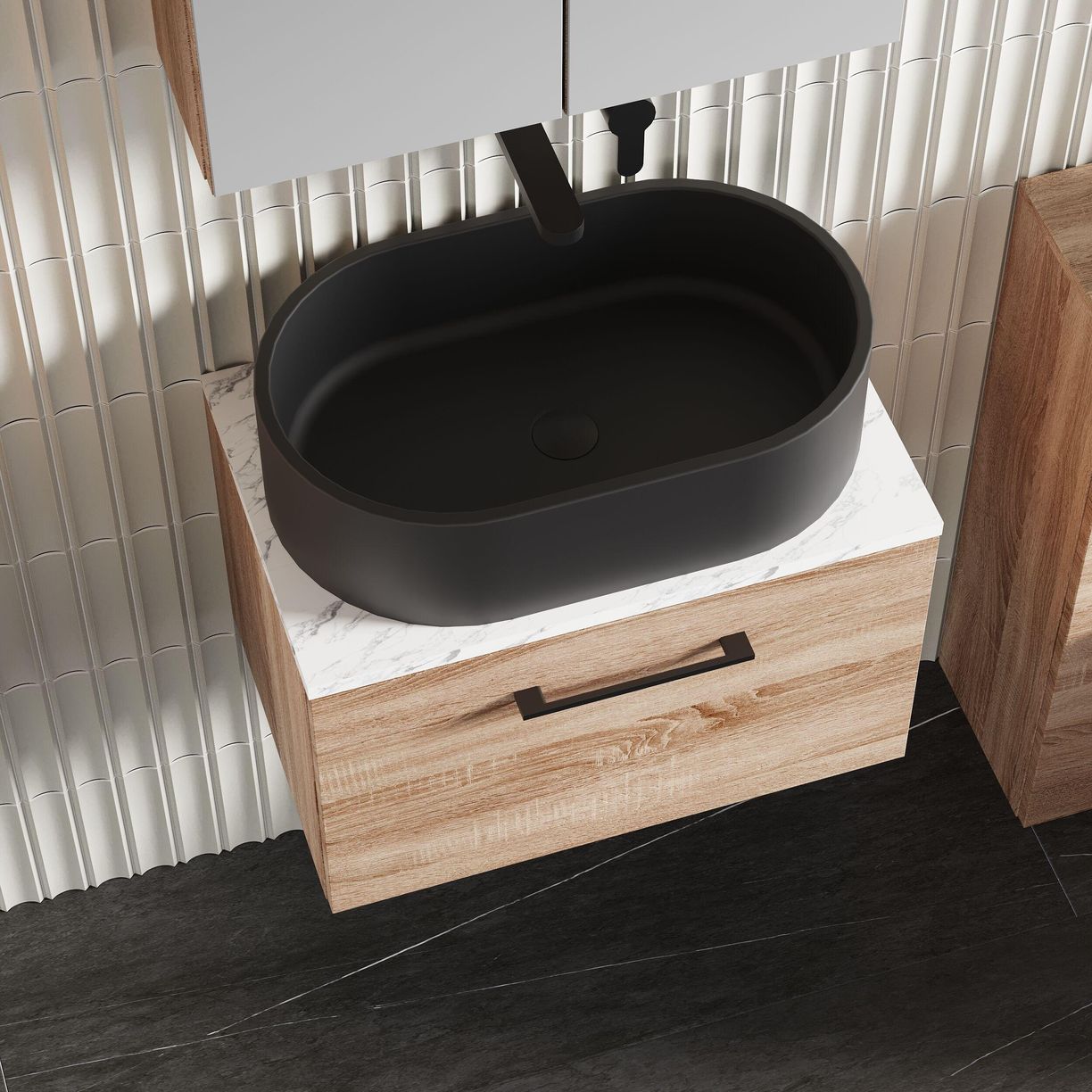 600mm Wh 1-Drawer Vanity & Laminate Top - Bleached Cuneo Oak