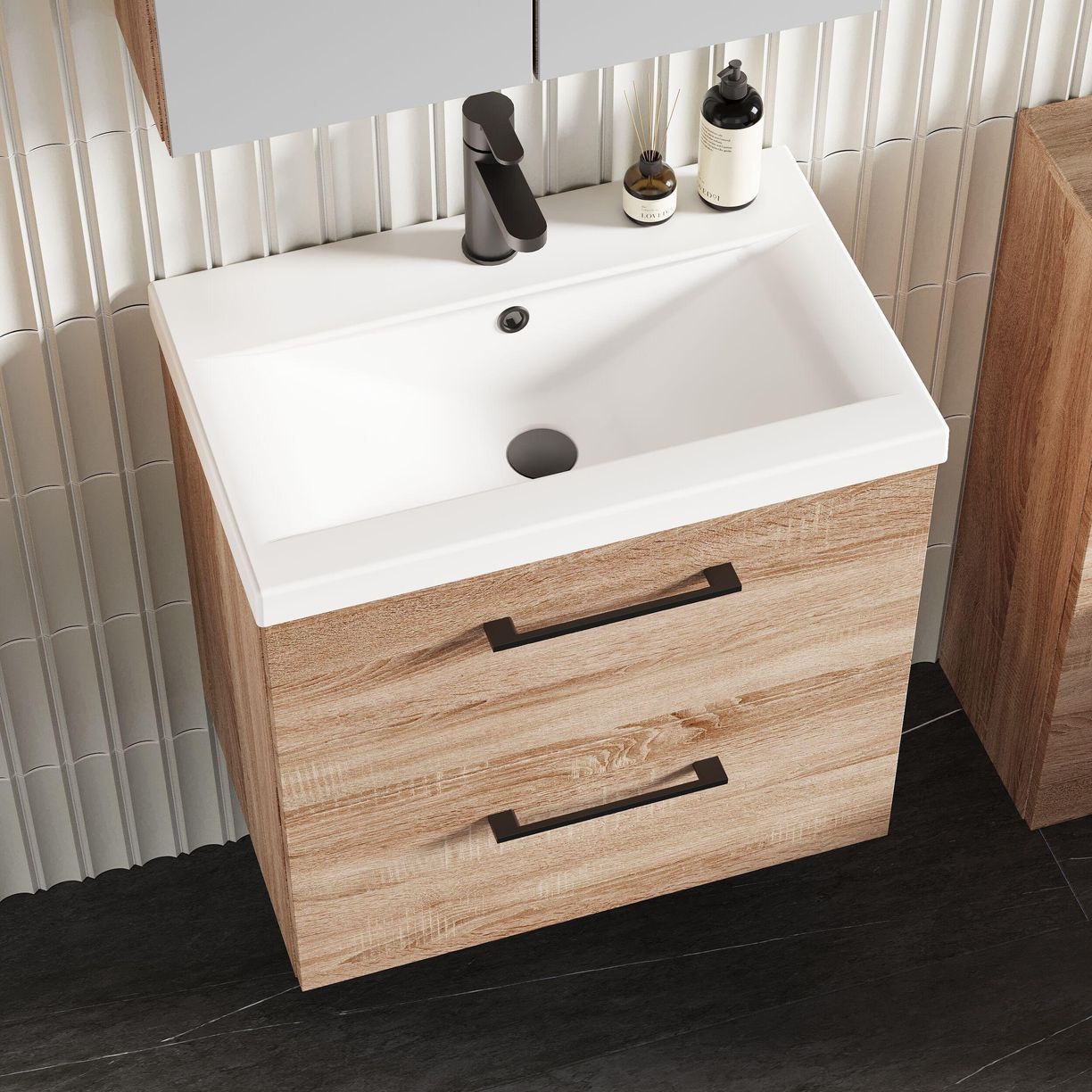 600mm WH 2-Drawer Vanity & Basin 1 - Bleached Cuneo Oak