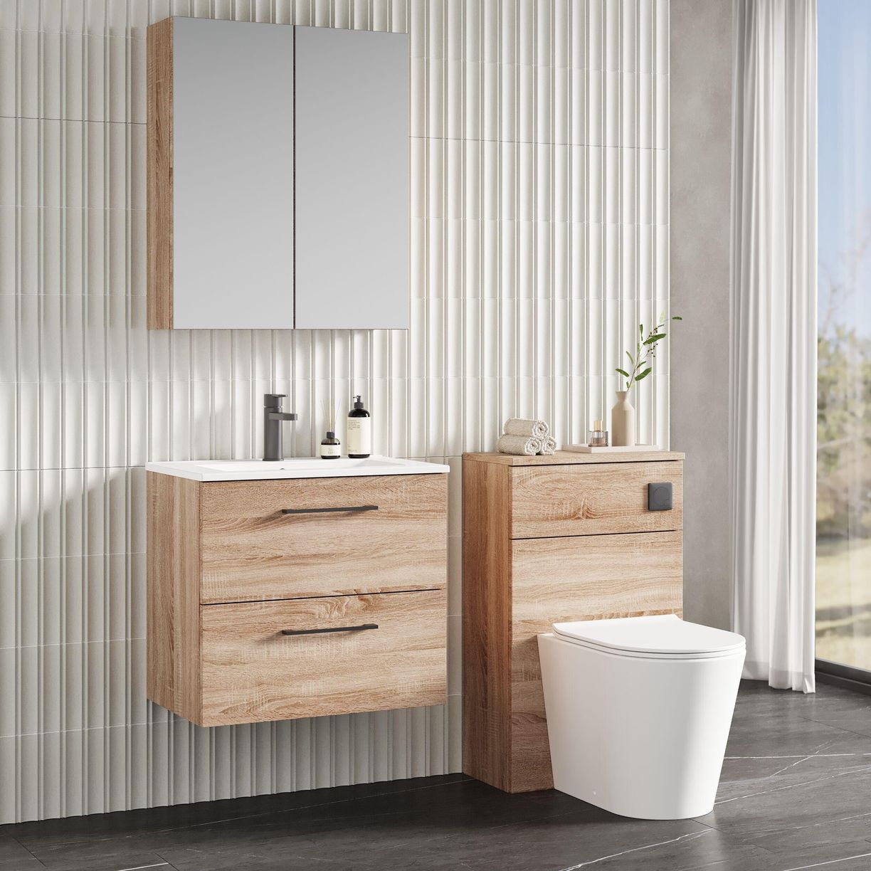 600mm WH 2-Drawer Vanity & Basin 2 - Bleached Cuneo Oak