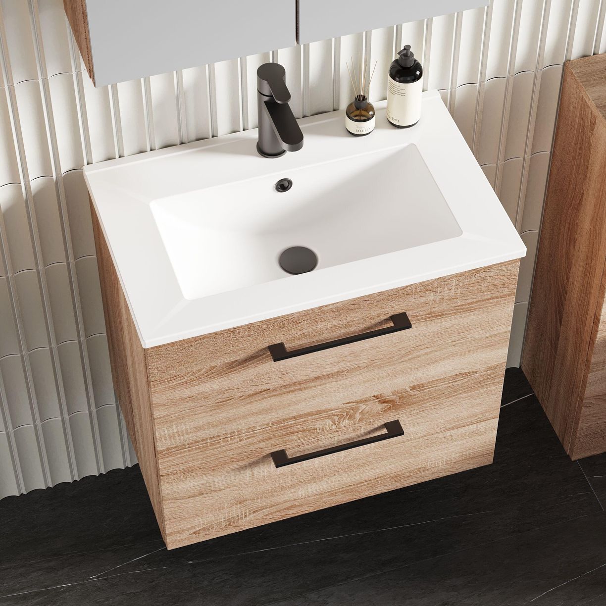 600mm WH 2-Drawer Vanity & Basin 2 - Bleached Cuneo Oak