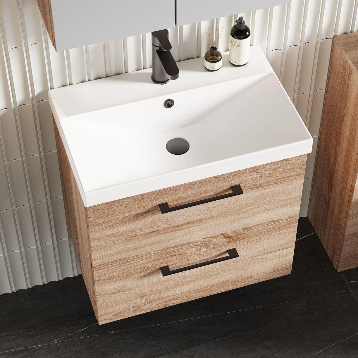 600mm WH 2-Drawer Vanity & Basin 3 - Bleached Cuneo Oak