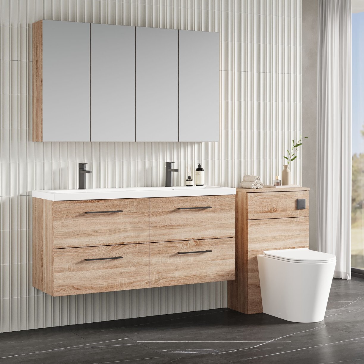 1200mm WH 4-Drawer Vanity & Double Basin - Bleached Cuneo Oak