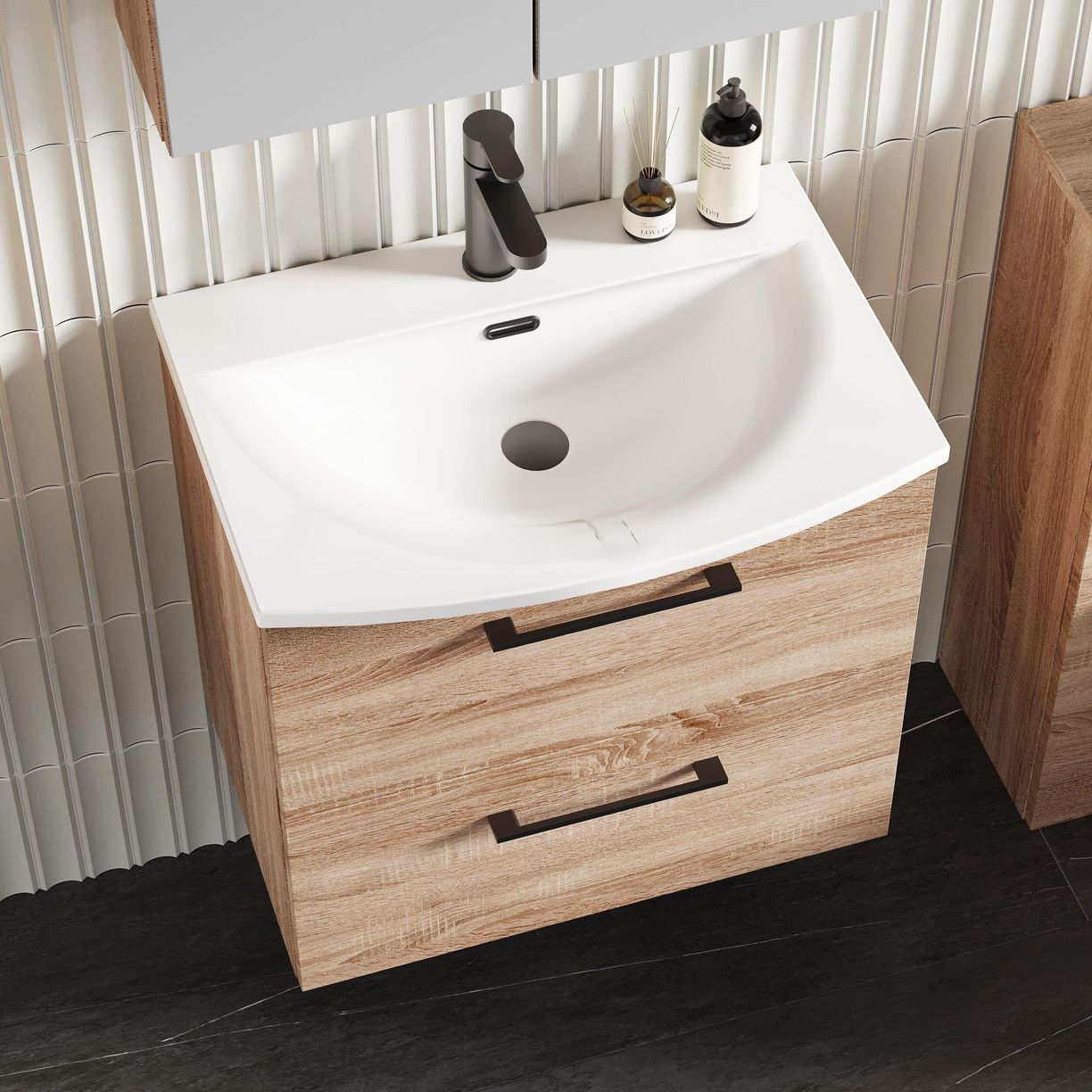 600mm WH 2-Drawer Vanity & Basin 4 - Bleached Cuneo Oak