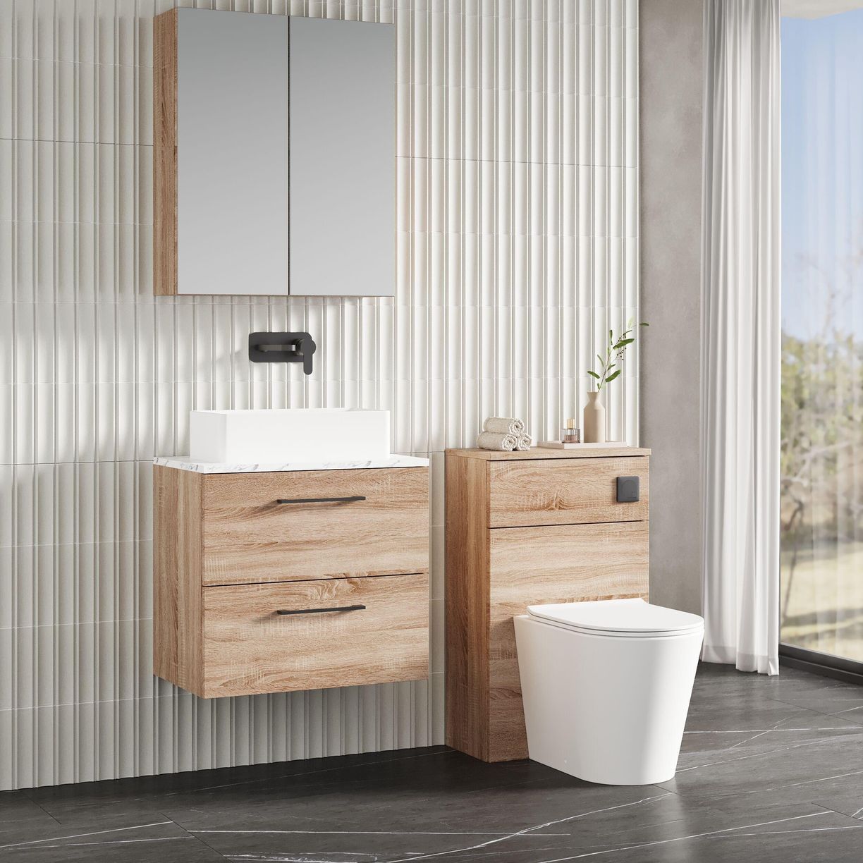 600mm Wh 2-Drawer Vanity & Laminate Top - Bleached Cuneo Oak