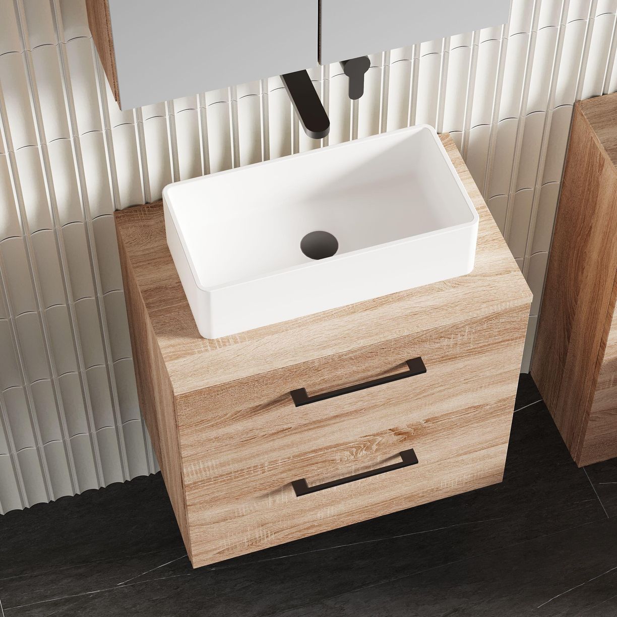 600mm WH 2-Drawer Vanity & Worktop - Bleached Cuneo Oak