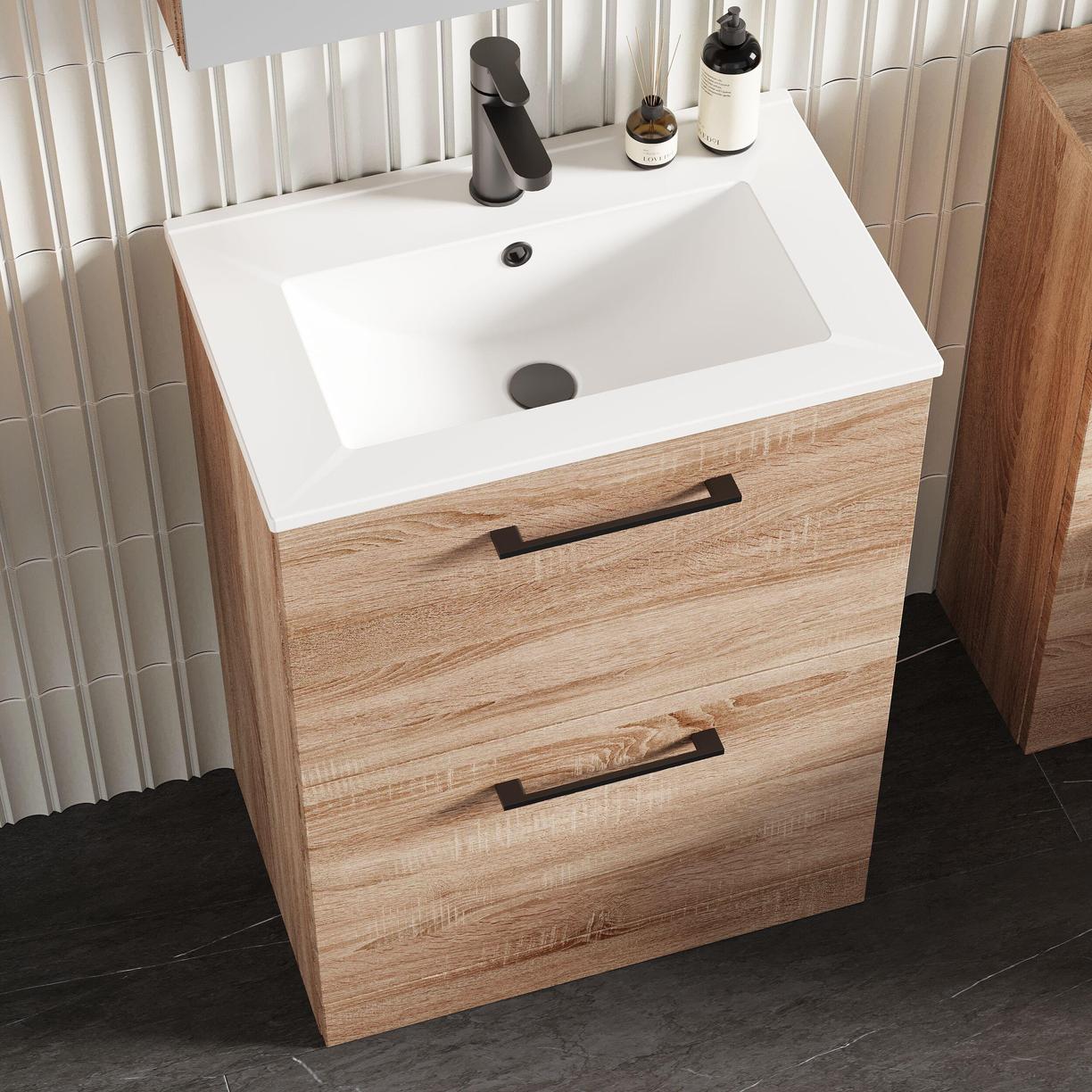 600mm FS 2-Drawer Vanity & Basin 2 - Bleached Cuneo Oak