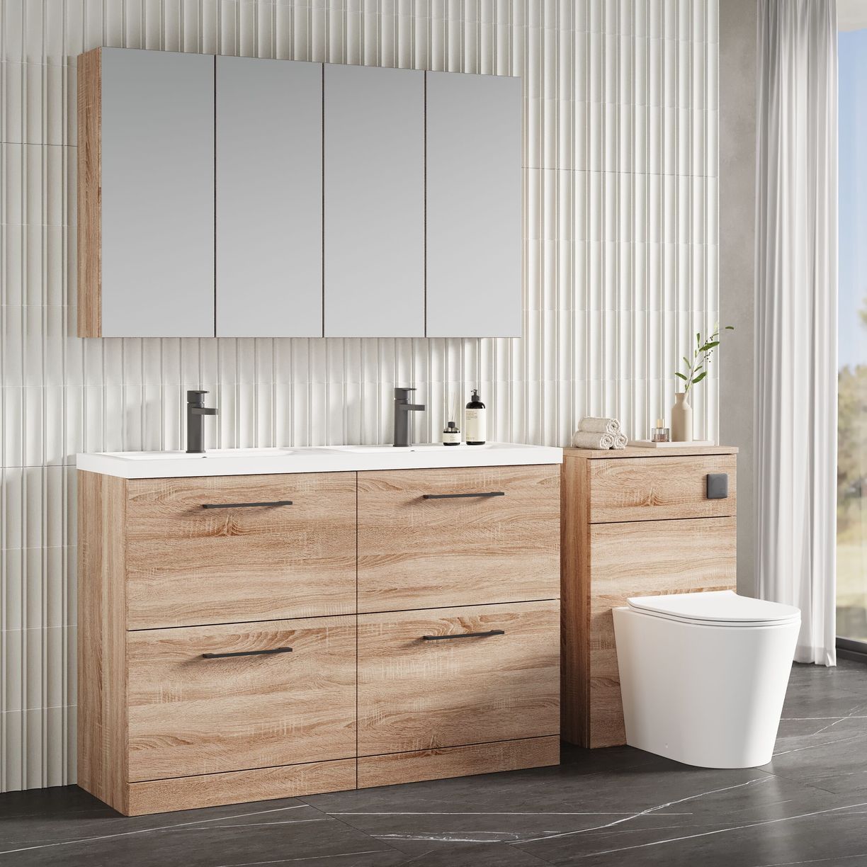 1200mm FS 4-Drawer Vanity & Double Basin - Bleached Cuneo Oak