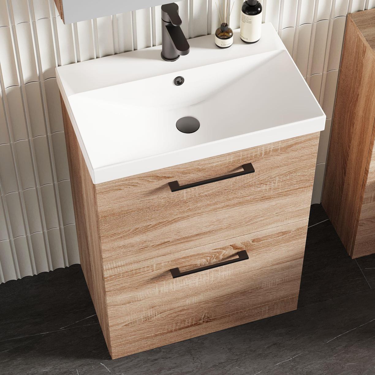 600mm FS 2-Drawer Vanity & Basin 3 - Bleached Cuneo Oak