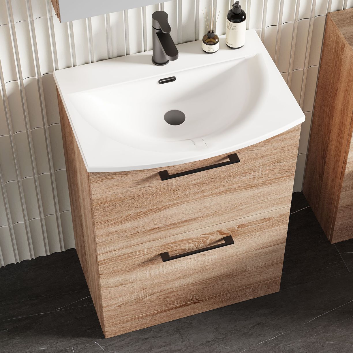 600mm FS 2-Drawer Vanity & Basin 4 - Bleached Cuneo Oak