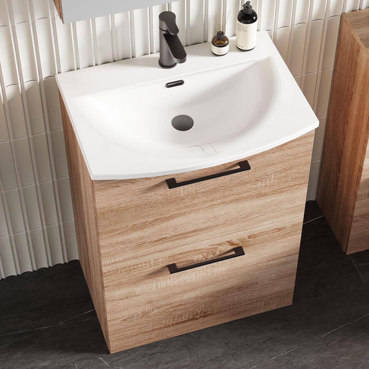600mm FS 2-Drawer Vanity & Basin 4 - Bleached Cuneo Oak