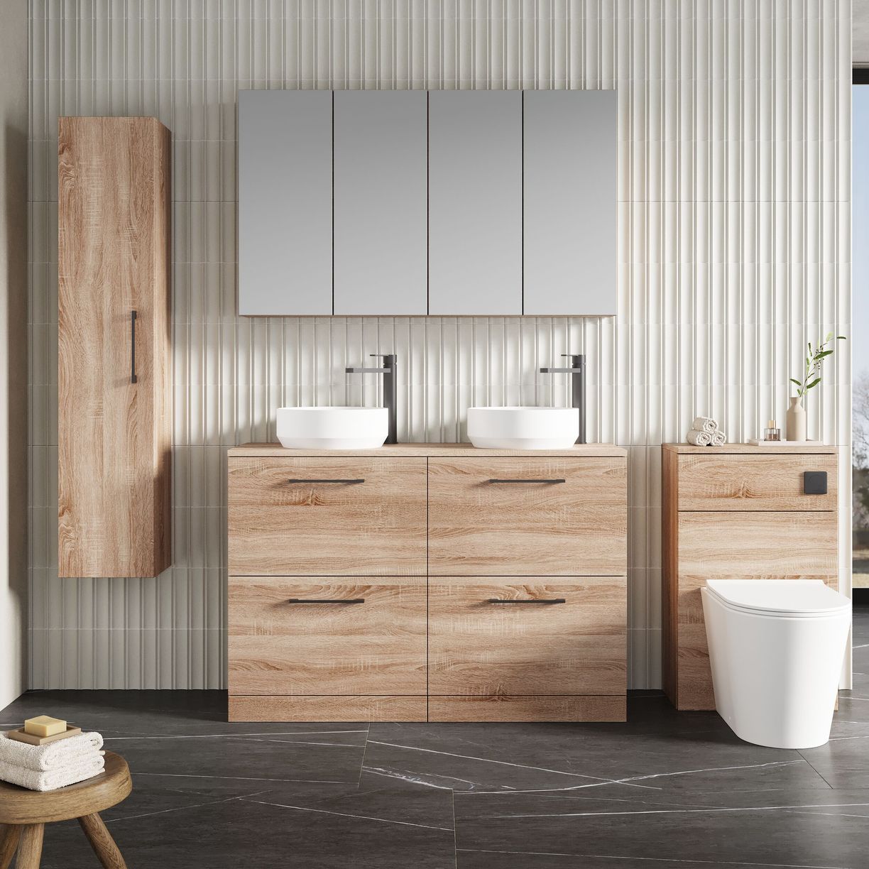 1200mm FS 4-Drawer Vanity & Worktop - Bleached Cuneo Oak
