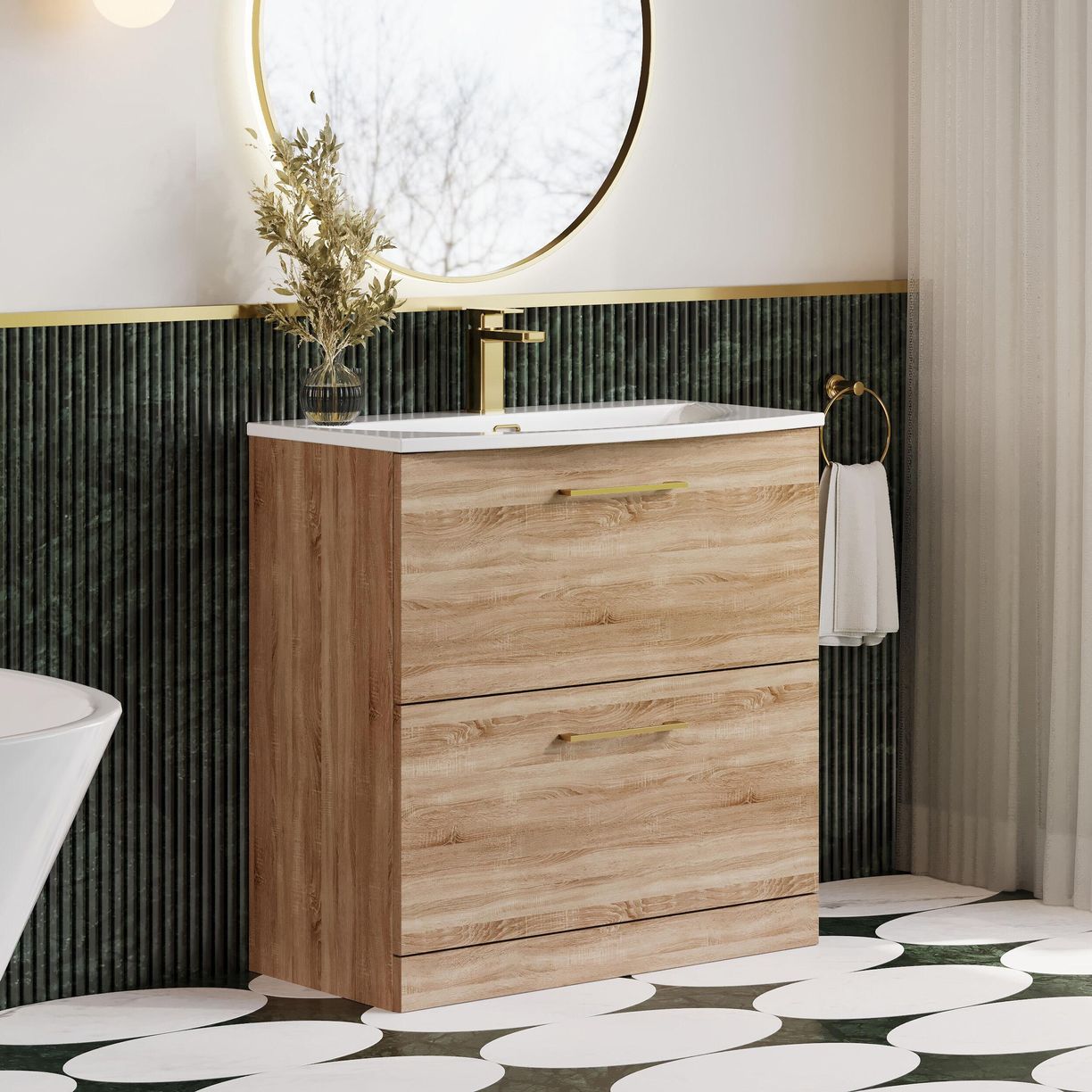 800mm FS 2-Drawer Vanity & Basin 4 - Bleached Cuneo Oak