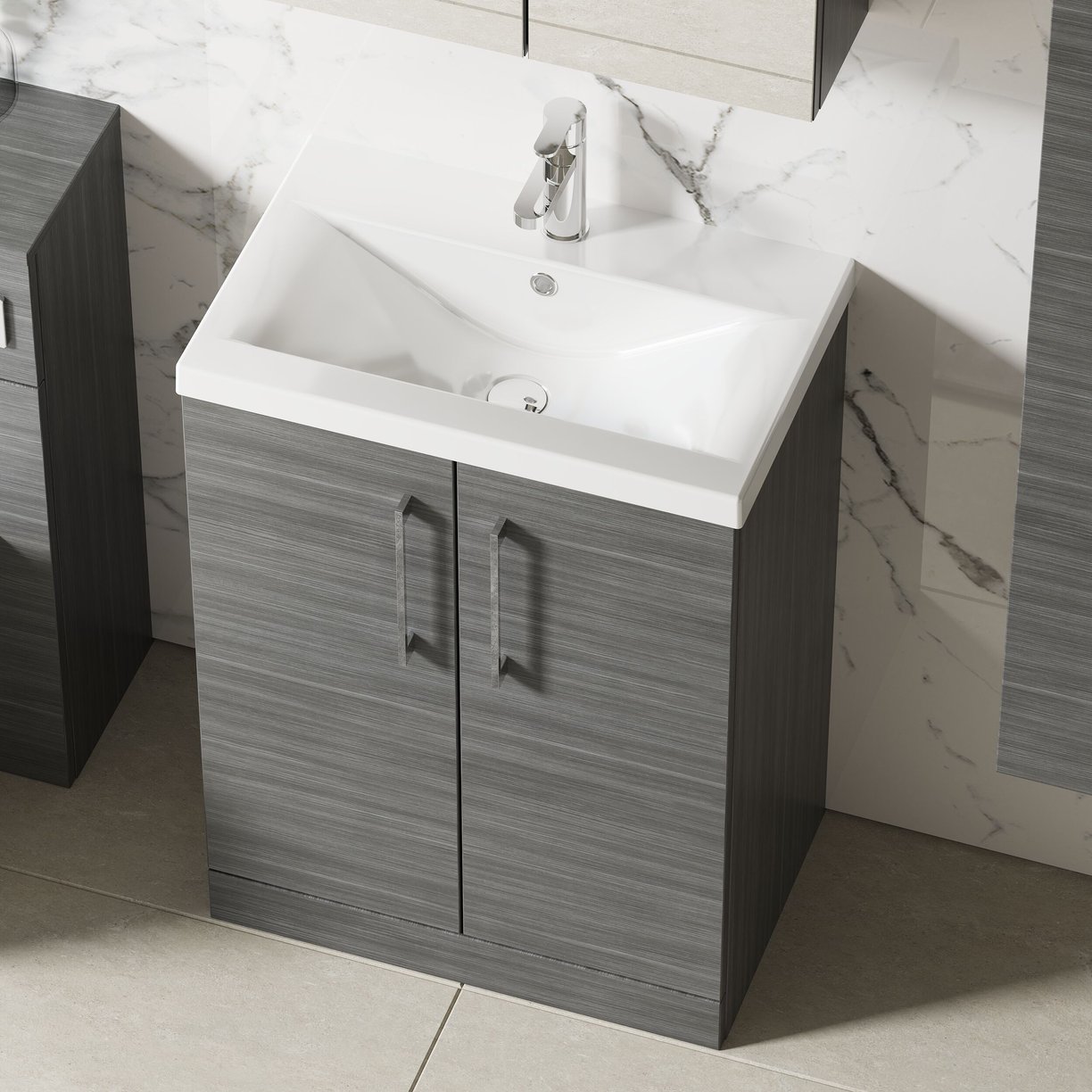 600mm FS 2-Door Vanity & Basin 1 - Anthracite Woodgrain