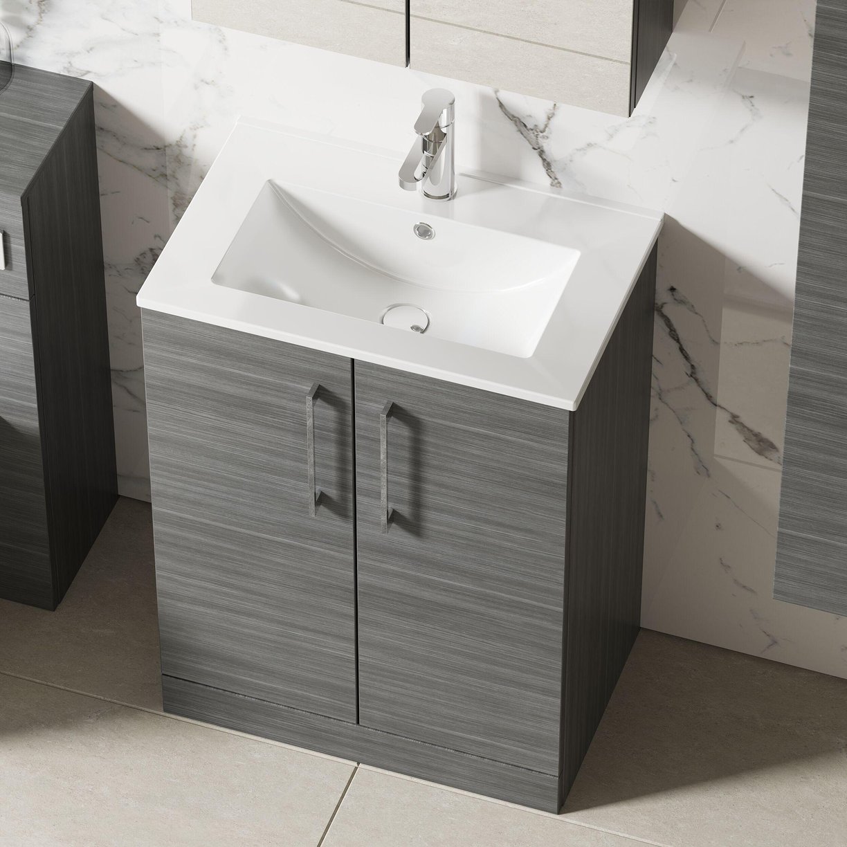 600mm FS 2-Door Vanity & Basin 2 - Anthracite Woodgrain
