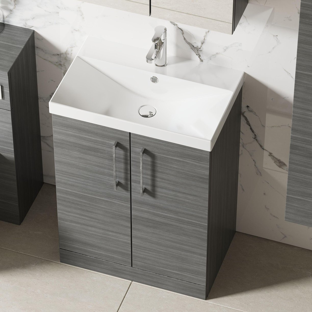 600mm FS 2-Door Vanity & Basin 3 - Anthracite Woodgrain