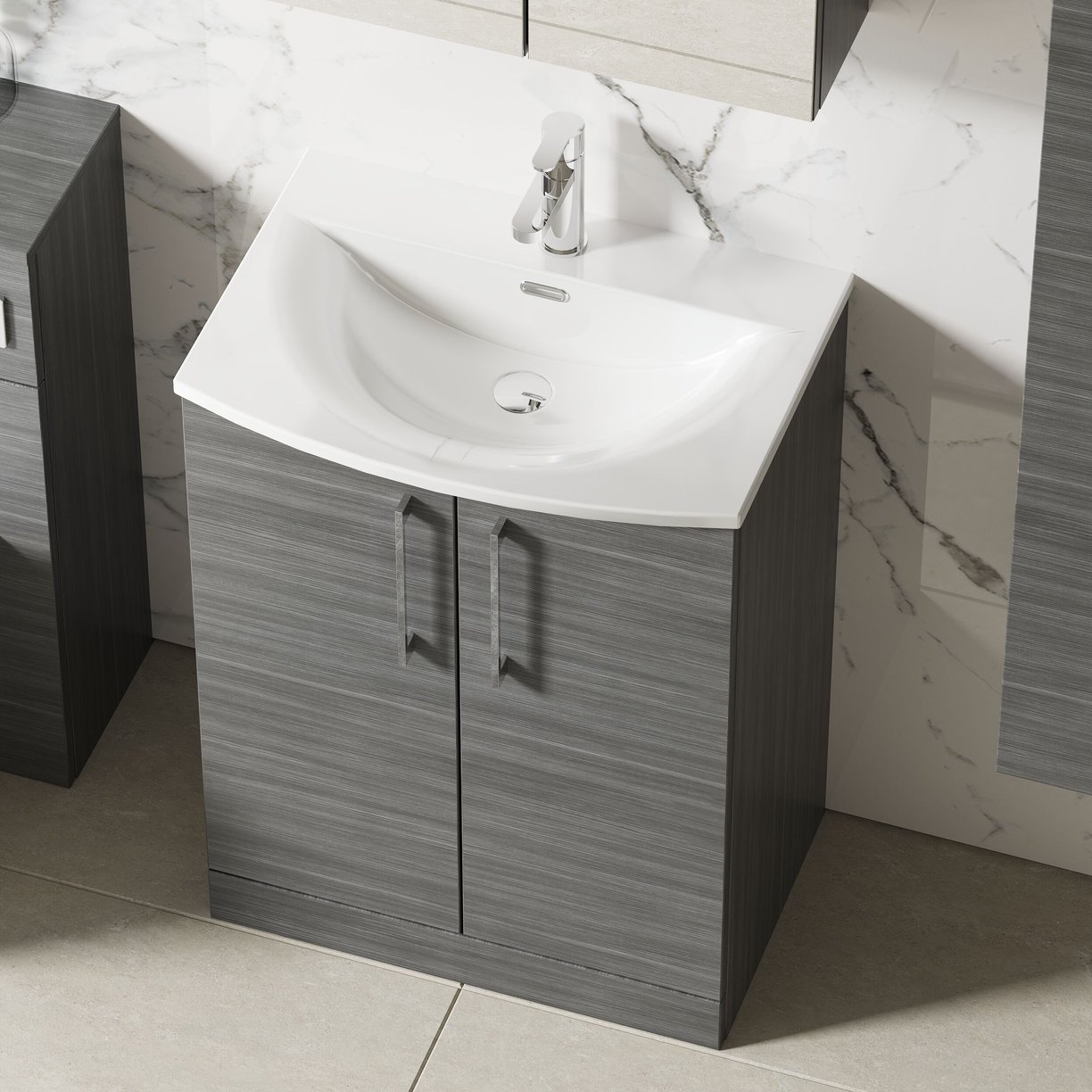 600mm FS 2-Door Vanity & Basin 4 - Anthracite Woodgrain