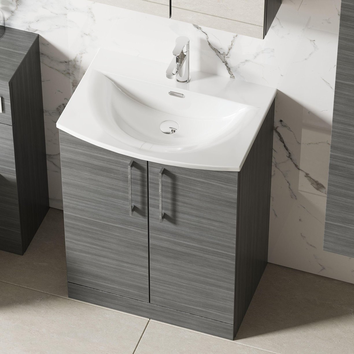 600mm FS 2-Door Vanity & Basin 4 - Anthracite Woodgrain