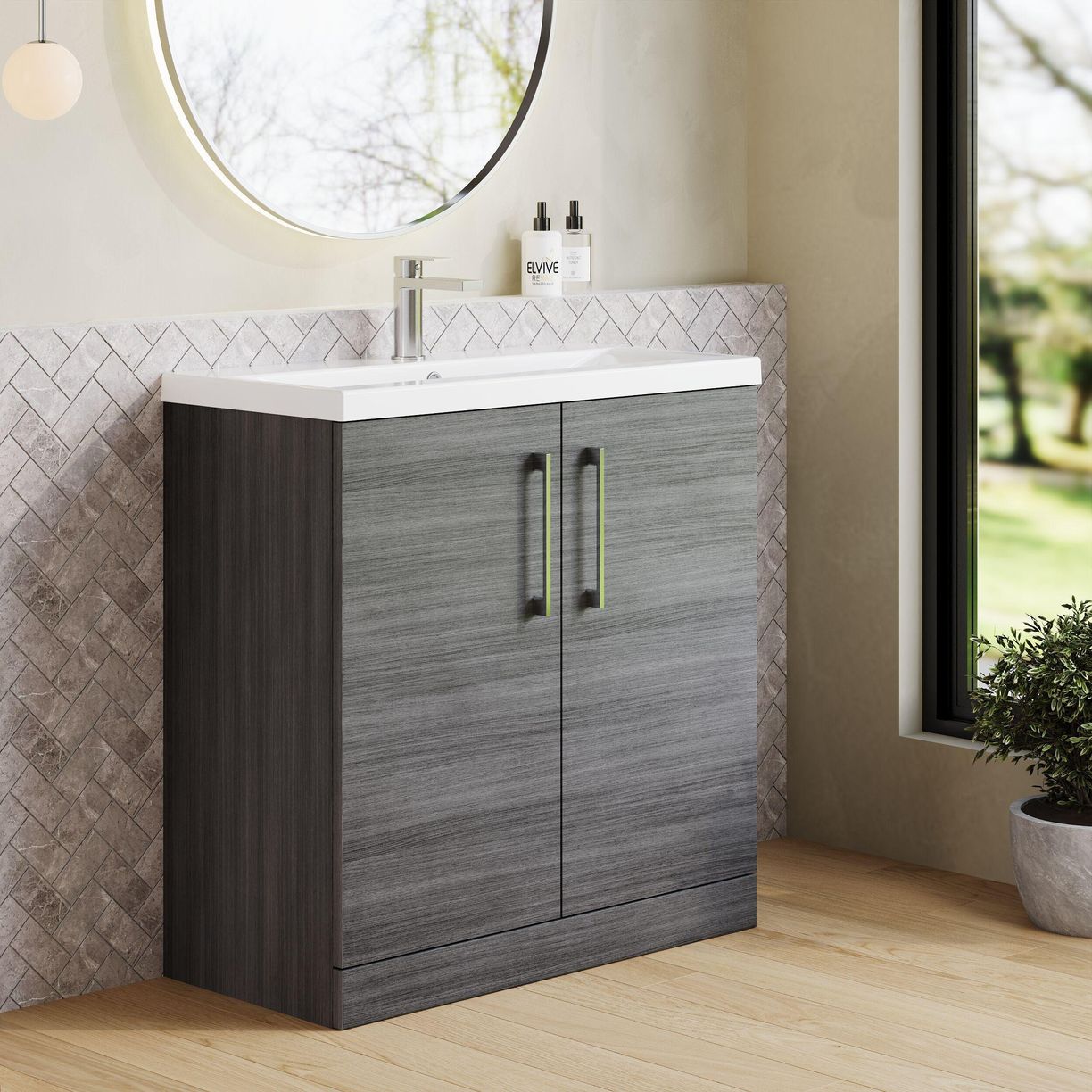 800mm FS 2-Door Vanity & Basin 1 - Anthracite Woodgrain