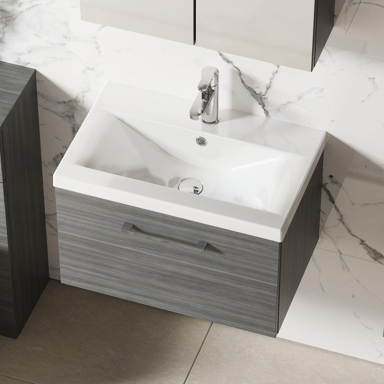 600mm WH 1-Drawer Vanity & Basin 1 - Anthracite Woodgrain