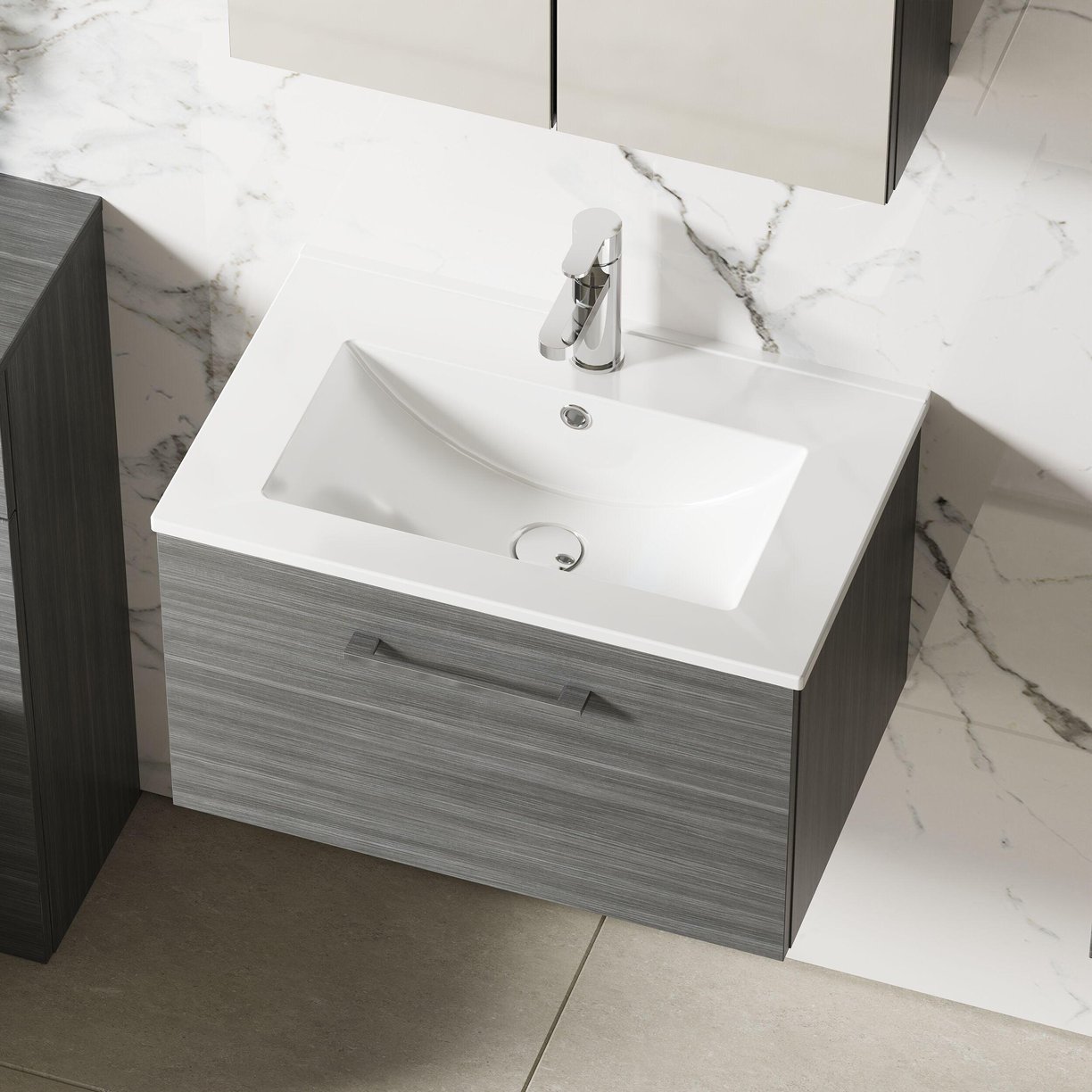 600mm WH 1-Drawer Vanity & Basin 2 - Anthracite Woodgrain