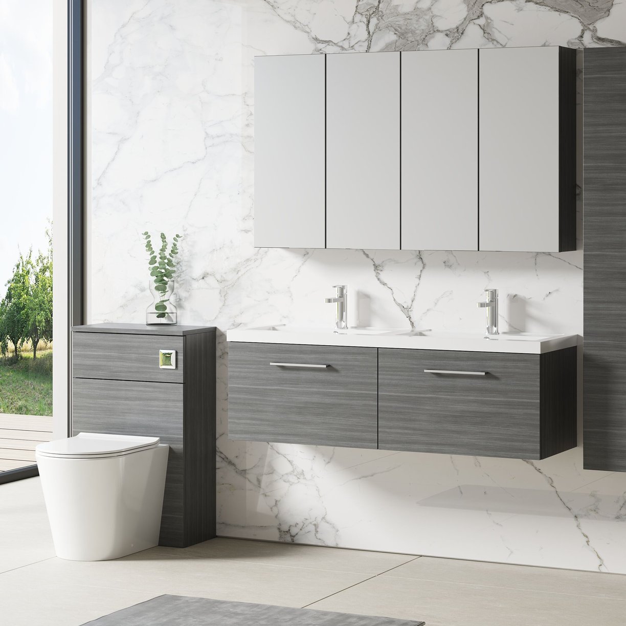 1200mm WH 2-Drawer Vanity & Double Basin - Anthracite Woodgrain