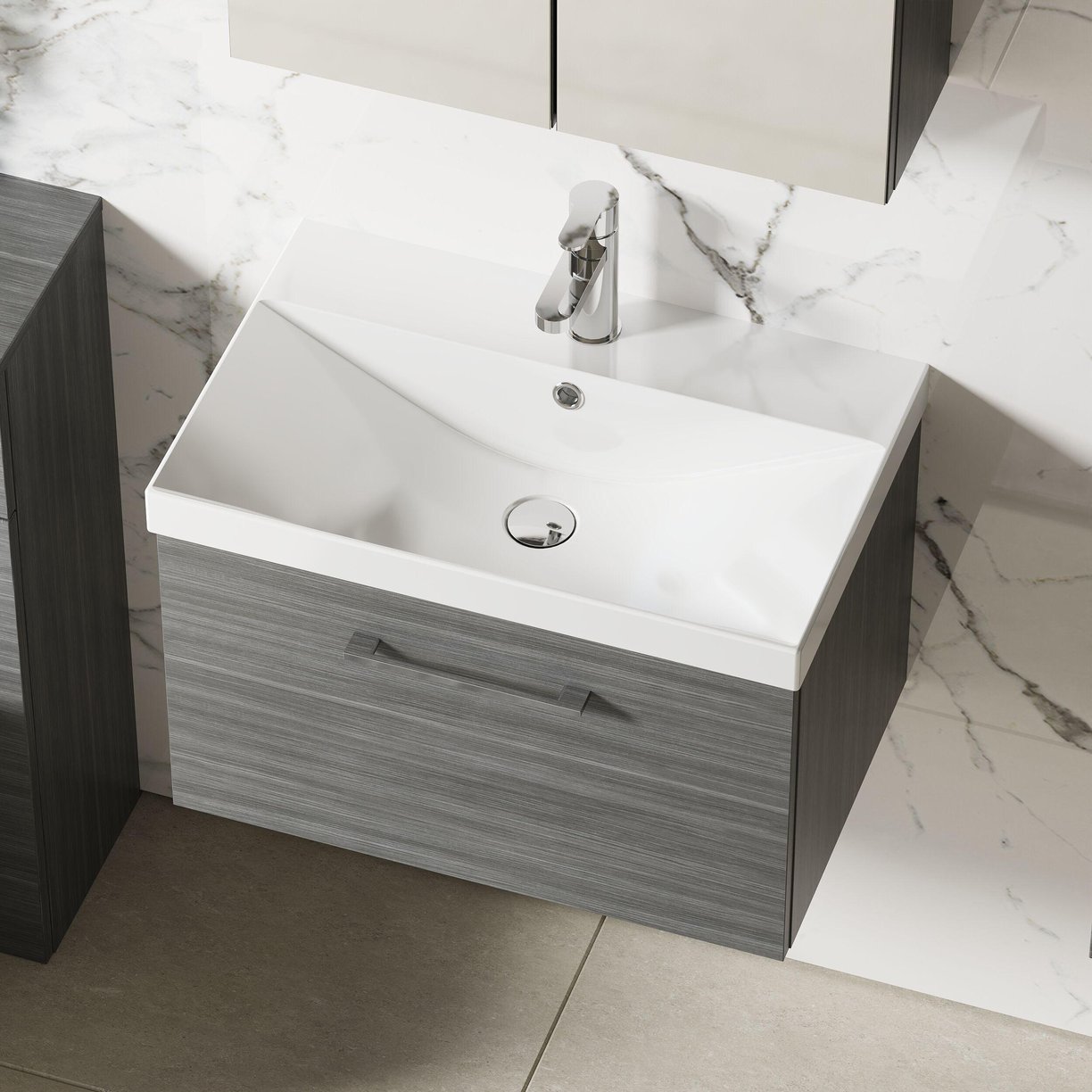 600mm WH 1-Drawer Vanity & Basin 3 - Anthracite Woodgrain