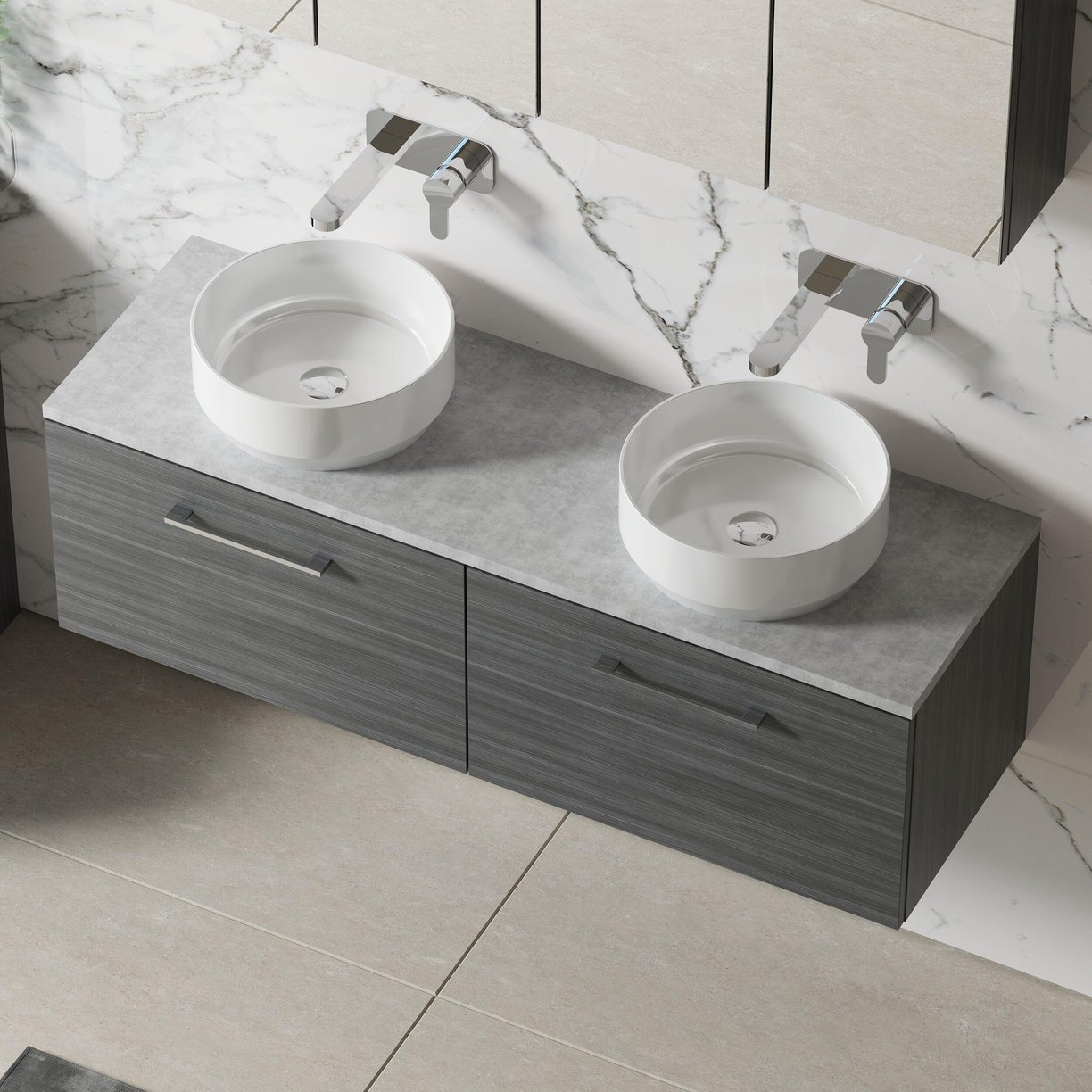 1200mm Wh 2-Drawer Vanity & Laminate Top - Grey Woodgrain