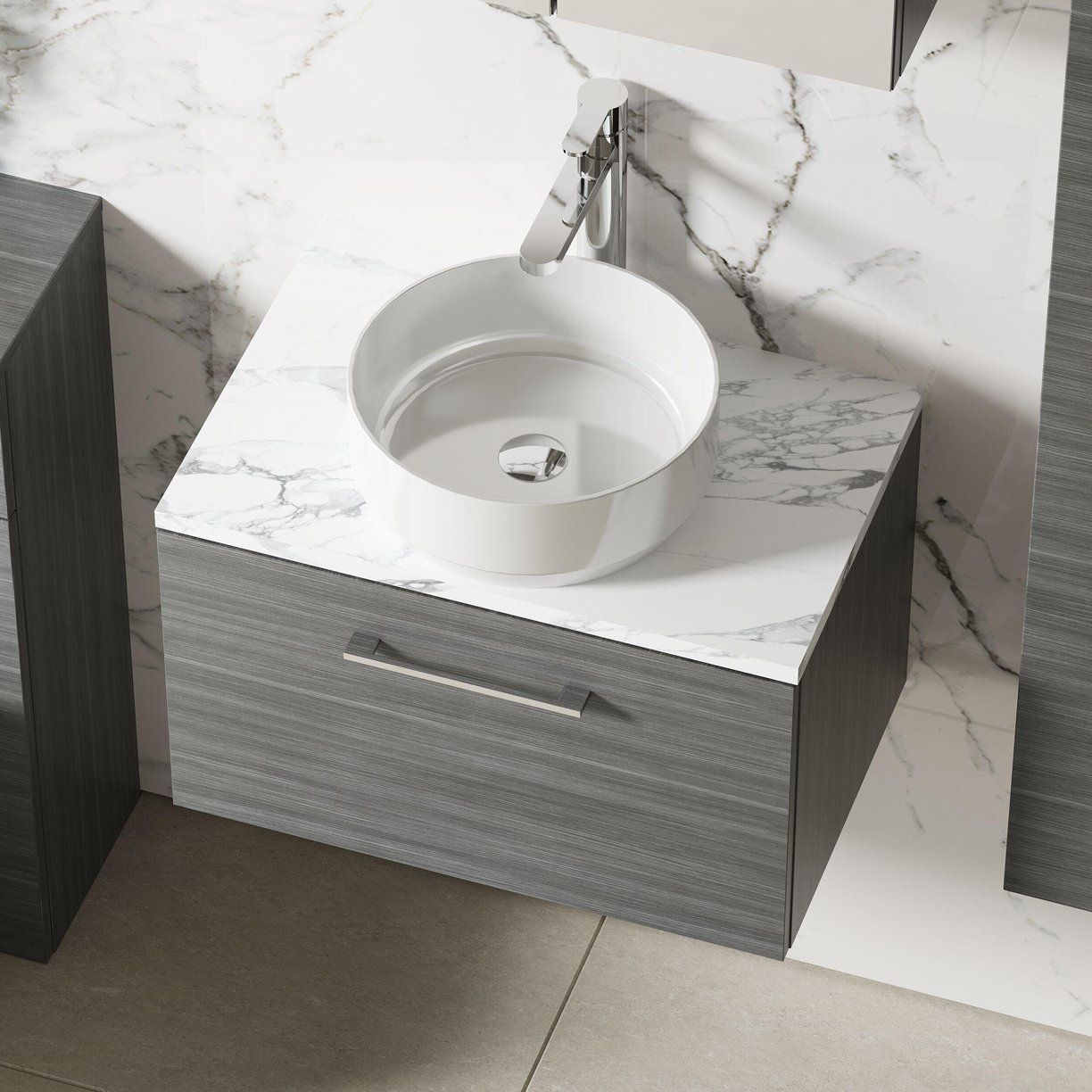 600mm Wh 1-Drawer Vanity & Laminate Top - Anthracite Woodgrain