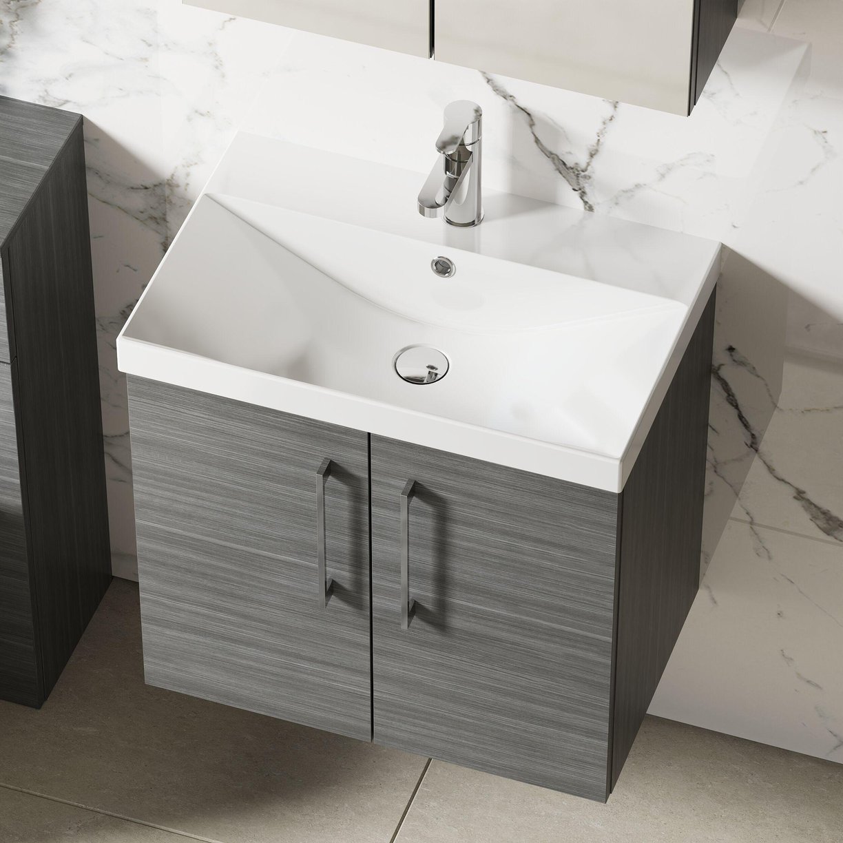 600mm WH 2-Door Vanity & Basin 3 - Anthracite Woodgrain