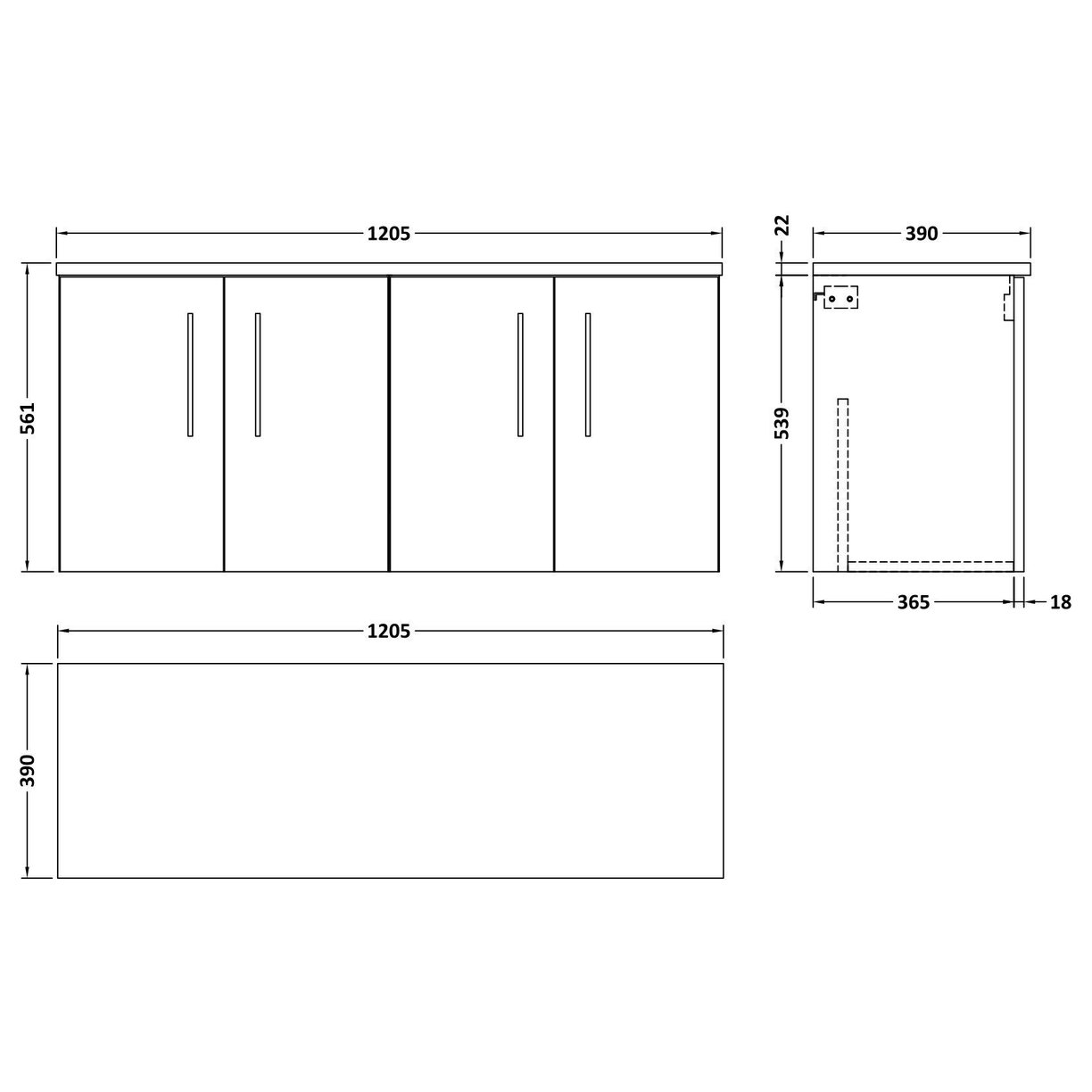 1200mm Wh 4-Door Vanity & Laminate Top - Grey Woodgrain