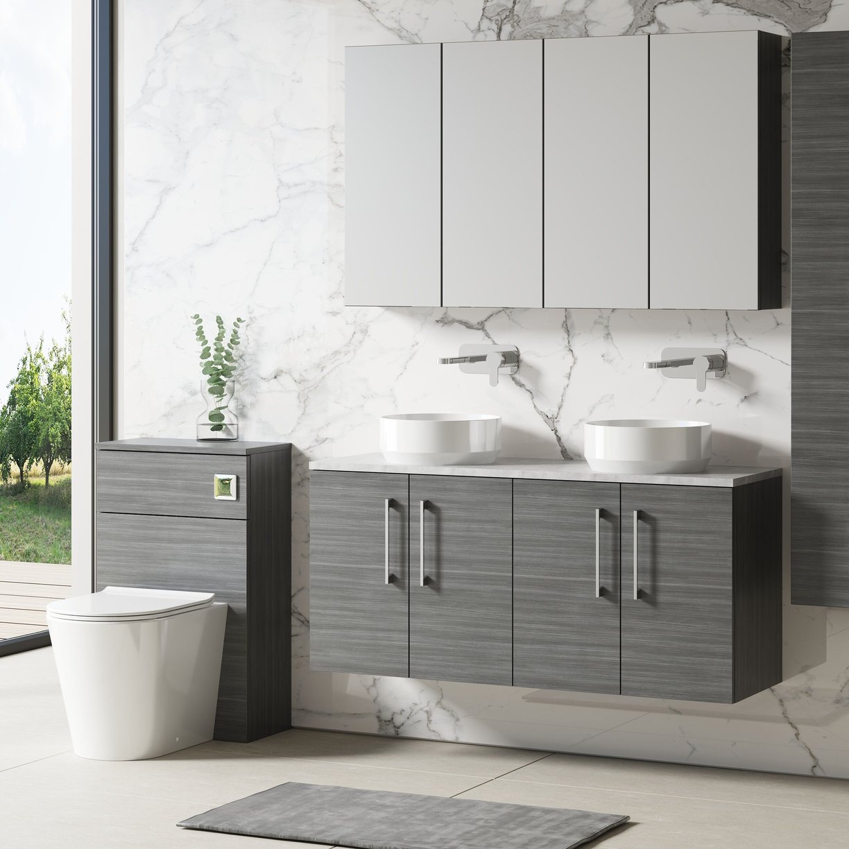 1200mm Wh 4-Door Vanity & Laminate Top - Grey Woodgrain