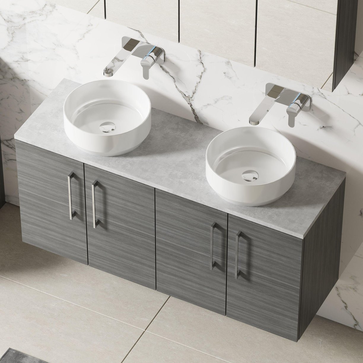 1200mm Wh 4-Door Vanity & Laminate Top - Grey Woodgrain