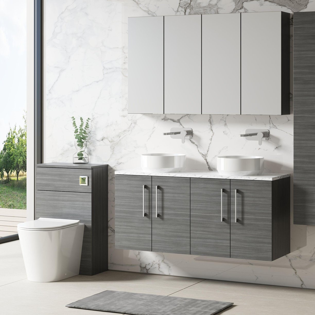 1200mm Wh 4-Door Vanity & Laminate Top - Grey Woodgrain