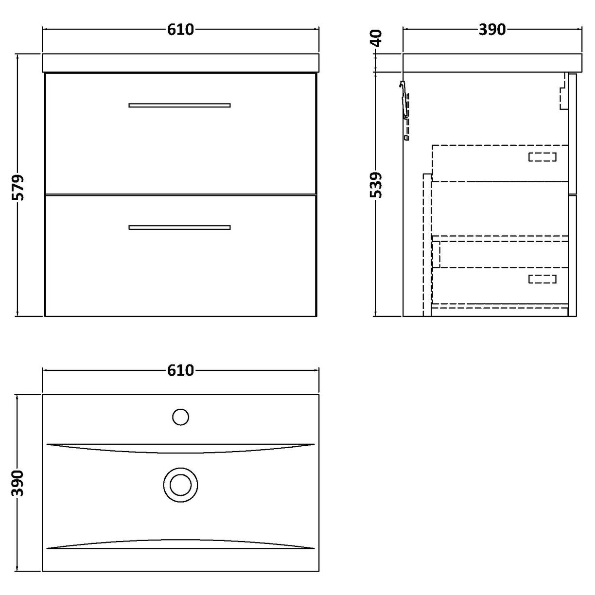 600 WH 2-Drawer Vanity & Basin 1