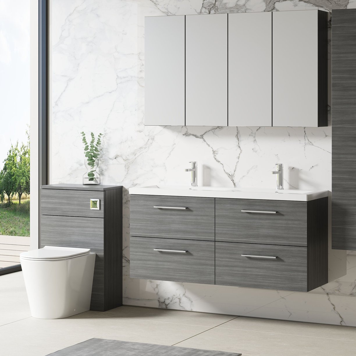 1200mm WH 4-Drawer Vanity & Double Basin - Anthracite Woodgrain