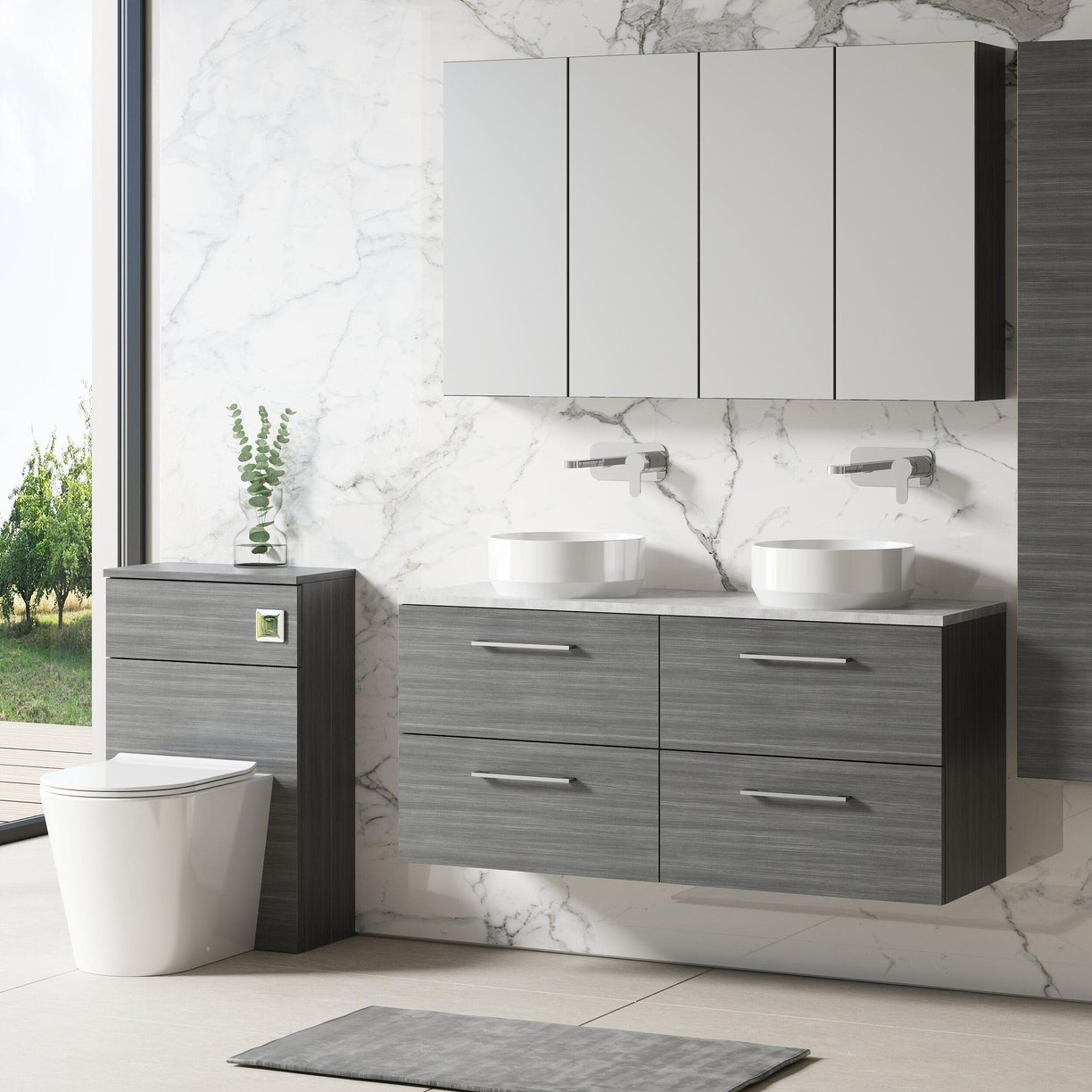 1200mm Wh 4-Drawer Vanity & Laminate Top - Grey Woodgrain