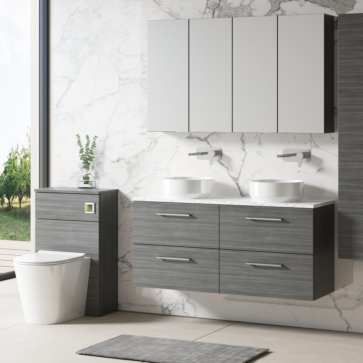 1200mm Wh 4-Drawer Vanity & Laminate Top - Grey Woodgrain