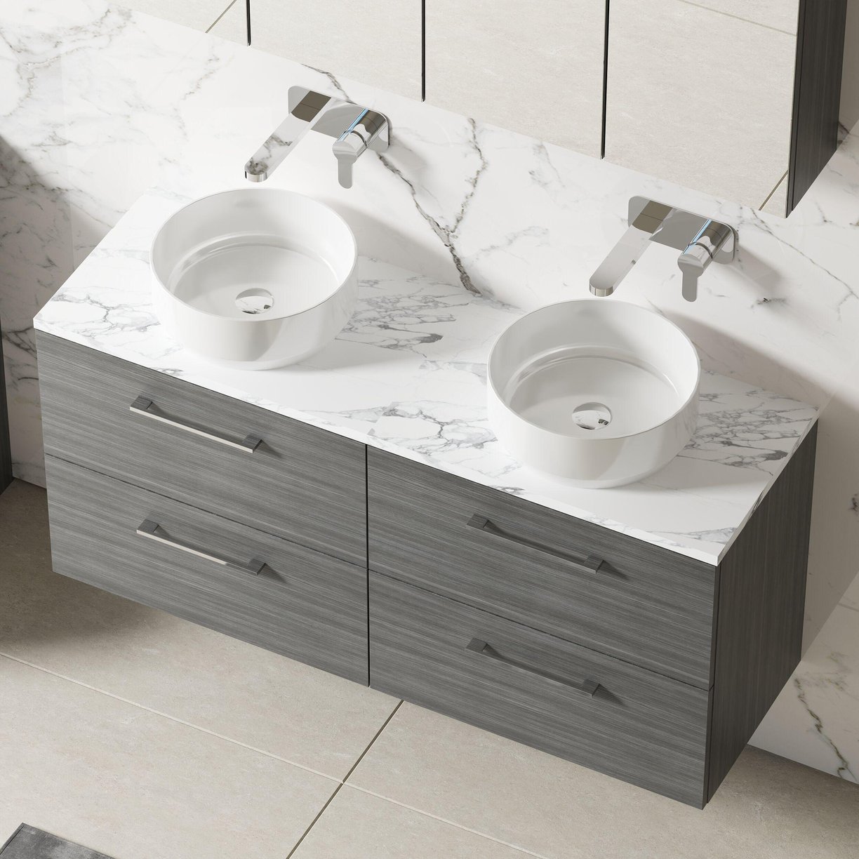1200mm Wh 4-Drawer Vanity & Laminate Top - Grey Woodgrain