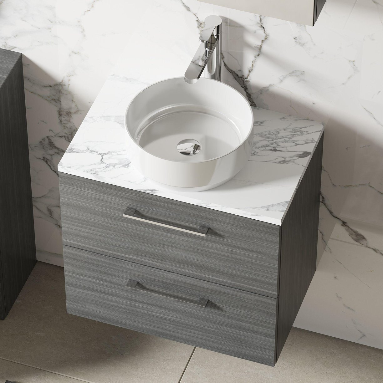 600mm Wh 2-Drawer Vanity & Laminate Top - Anthracite Woodgrain