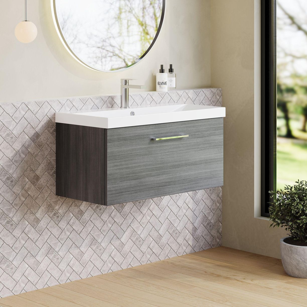 800mm WH 1-Drawer Vanity & Basin 3 - Anthracite Woodgrain