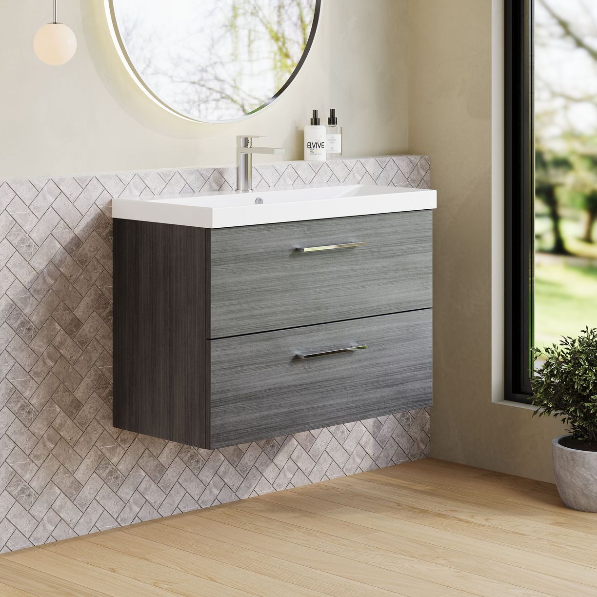 800mm WH 2-Drawer Vanity & Basin 3 - Anthracite Woodgrain