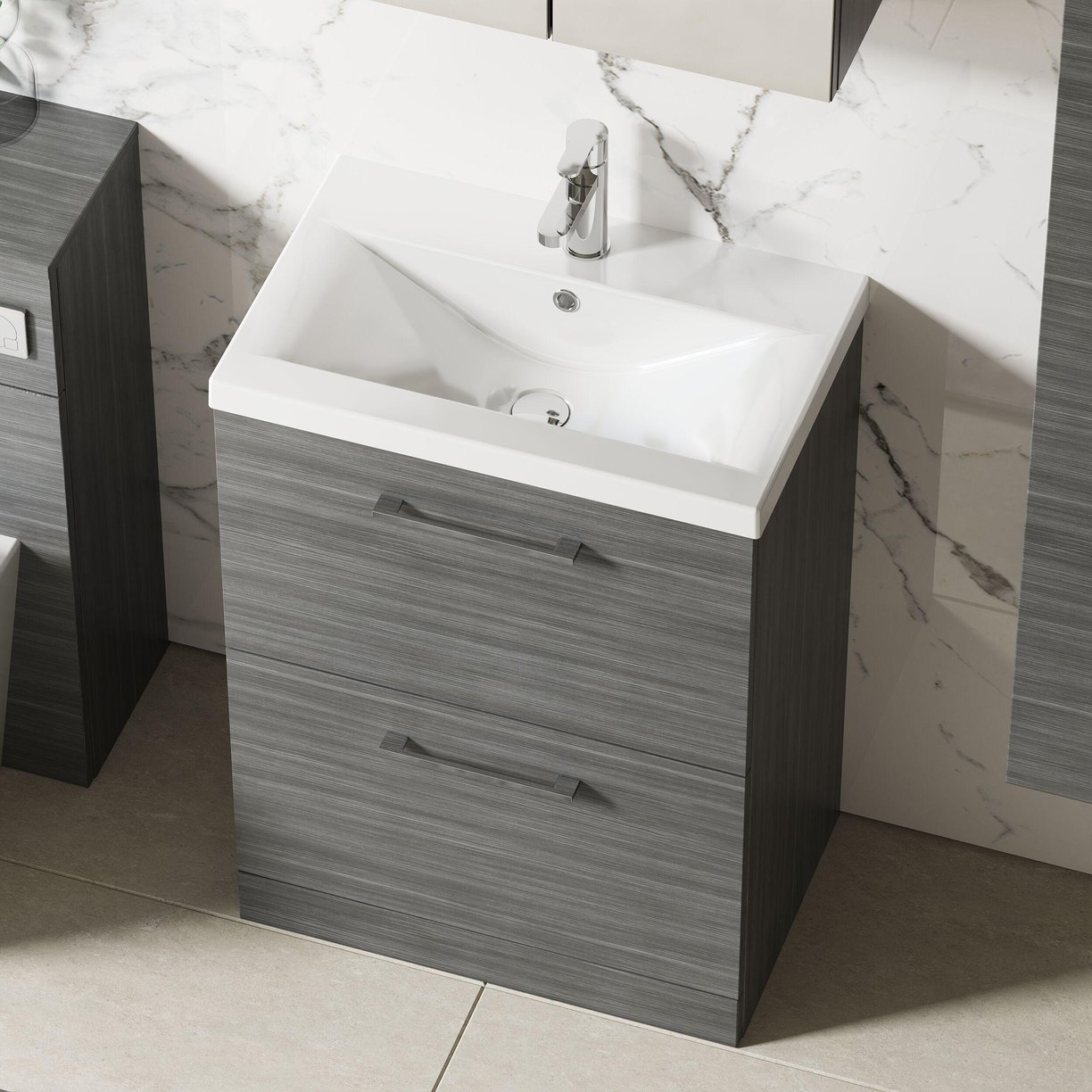 600mm FS 2-Drawer Vanity & Basin 1 - Anthracite Woodgrain