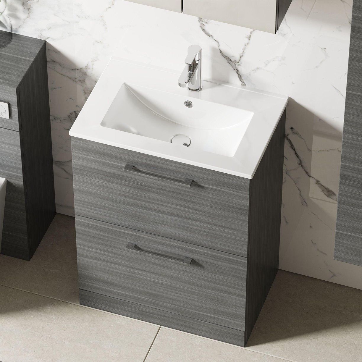 600mm FS 2-Drawer Vanity & Basin 2 - Anthracite Woodgrain