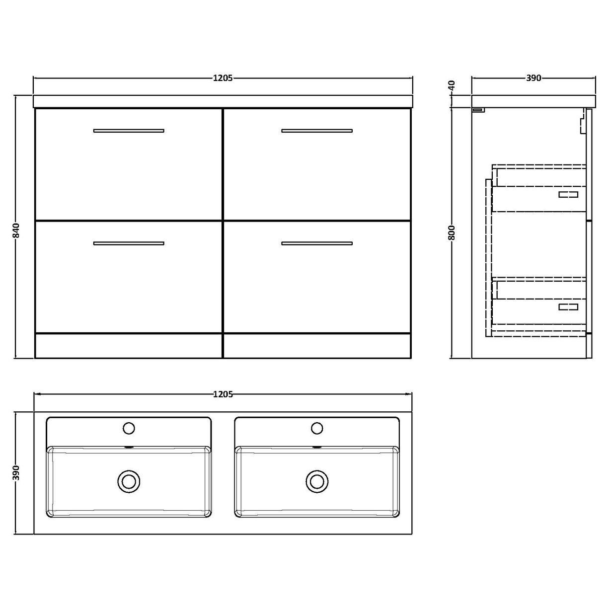 1200 FS 4-Drawer Vanity & Double Basin