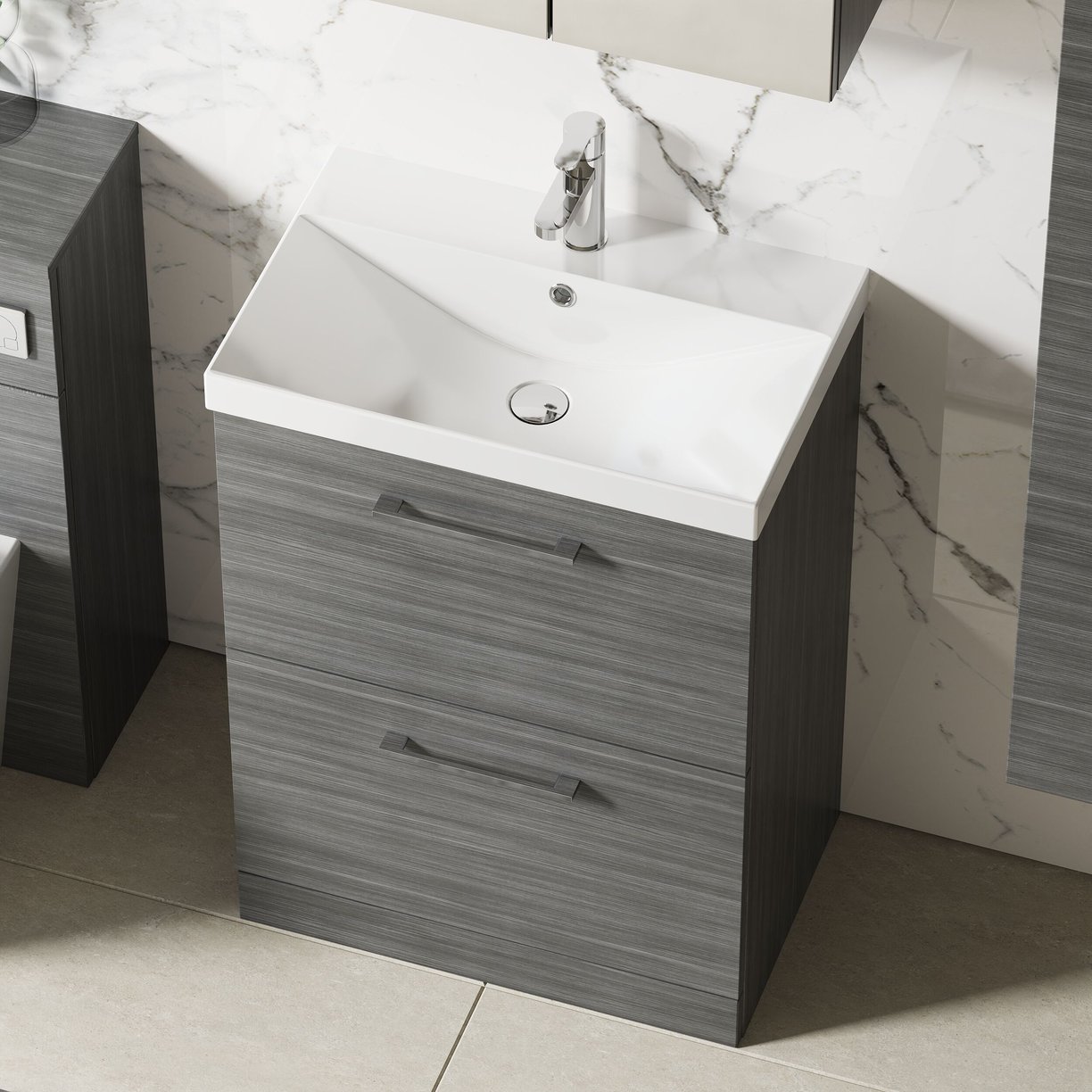 600mm FS 2-Drawer Vanity & Basin 3 - Anthracite Woodgrain