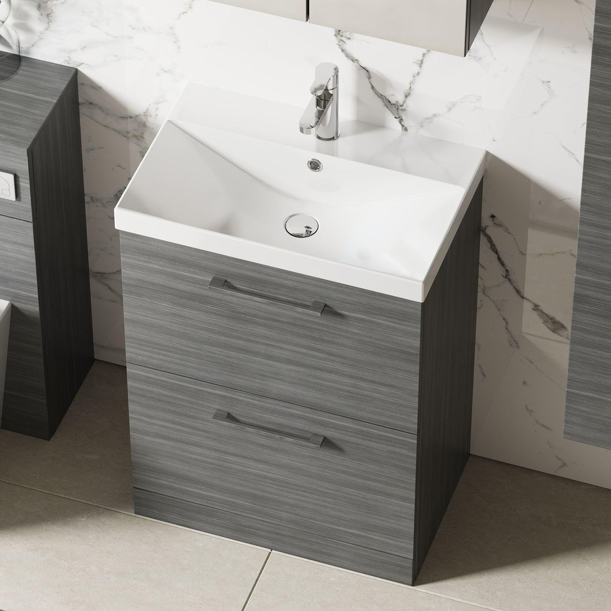 600mm FS 2-Drawer Vanity & Basin 3 - Anthracite Woodgrain