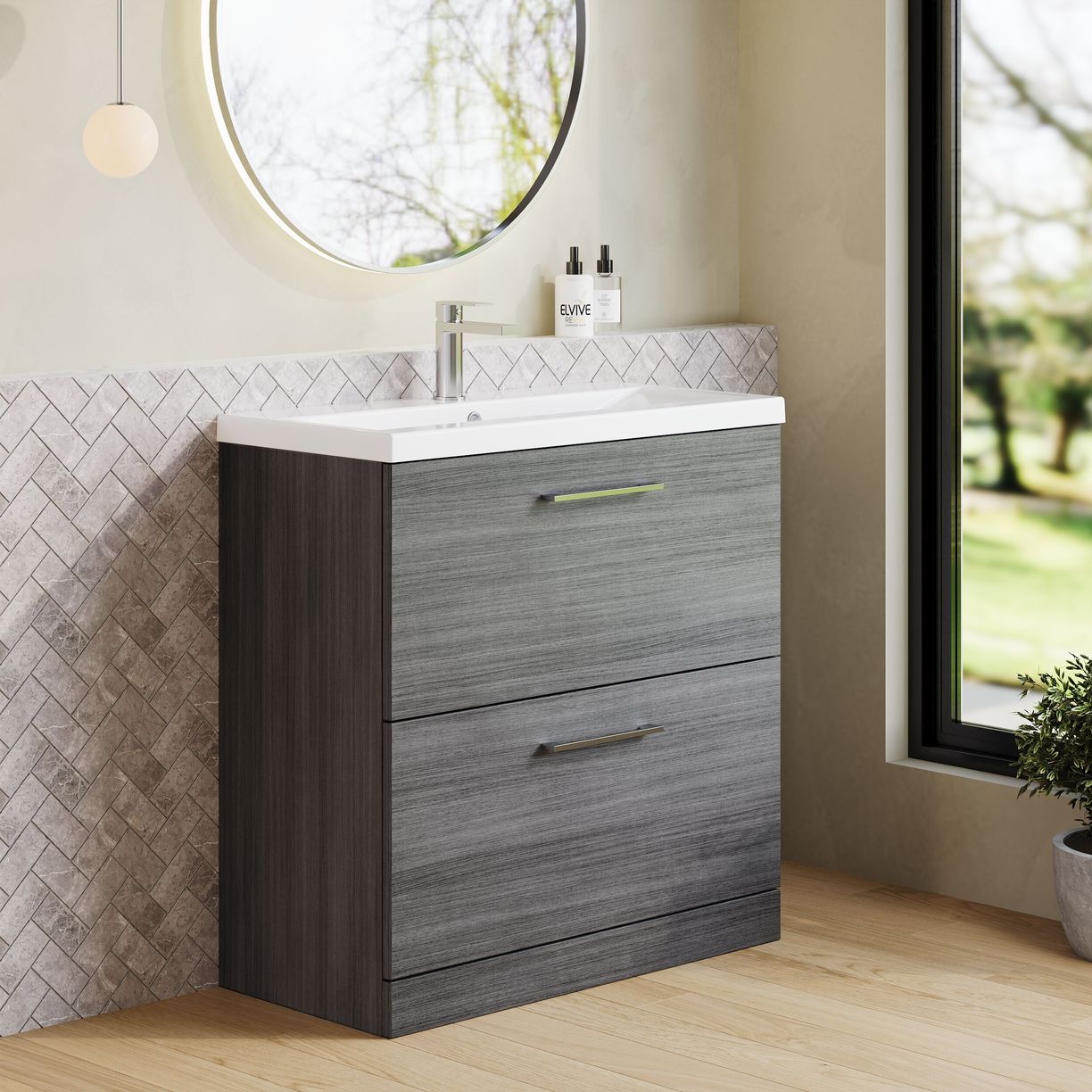 800mm FS 2-Drawer Vanity & Basin 1 - Anthracite Woodgrain